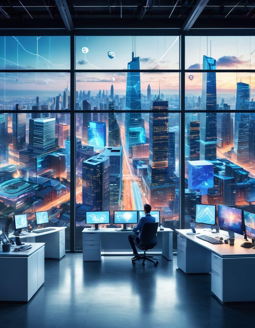 A futuristic, sleek office environment with IT professionals brainstorming over cutting-edge Web and Mobile applications on interactive screens and gadgets. The background showcases a vibrant cityscape through panoramic windows, symbolizing limitless innovation. Include elements like abstract tech icons and seamless connectivity lines. super-realistic. vibrant colors. white background.