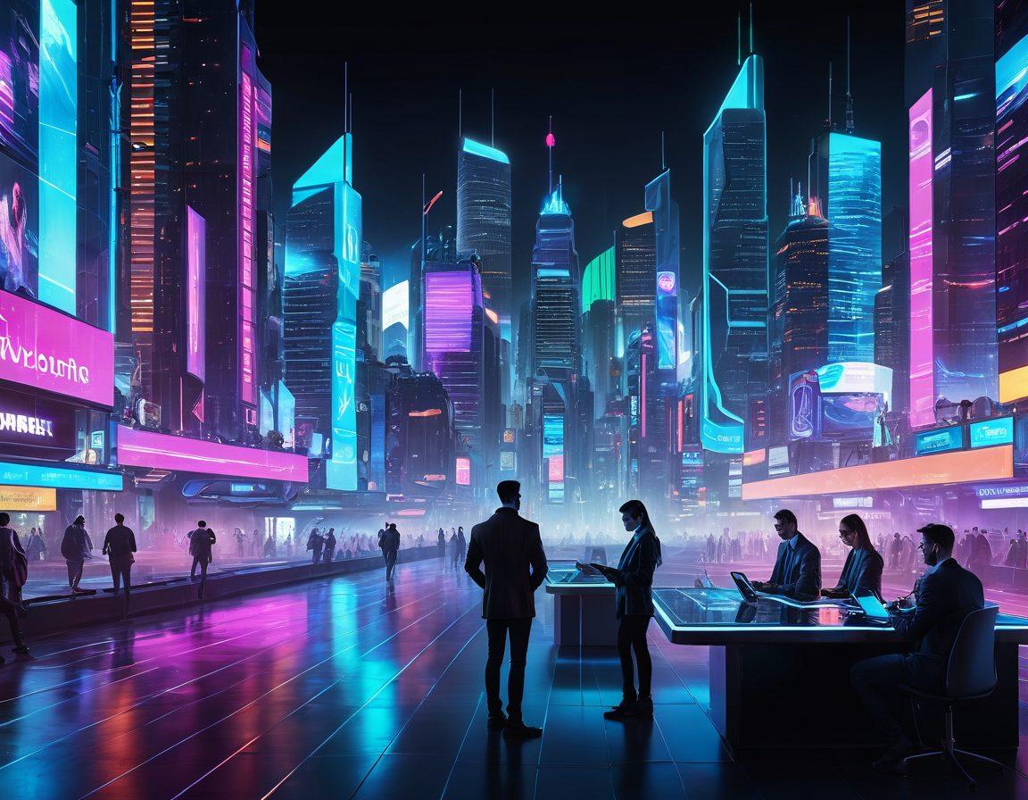 A dynamic, futuristic cityscape where sleek, holographic mobile devices are seamlessly integrated into every aspect of daily life, symbolizing digital transformation. A diverse team of professionals collaborating on advanced mobile applications under a vibrant digital skyline. neon colors. cyberpunk aesthetic. high-tech elements. super-realistic.