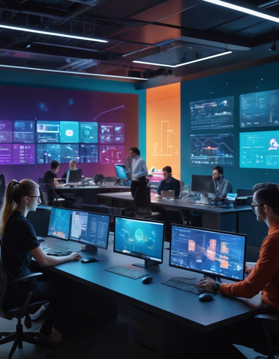 An ultra-modern office with diverse teams collaborating on digital devices; coding on advanced holographic screens, building apps, and discussing UI/UX design on a touchscreen wall. The environment is dynamic and innovative, showcasing futuristic technologies in action. vibrant colors. super-realistic.